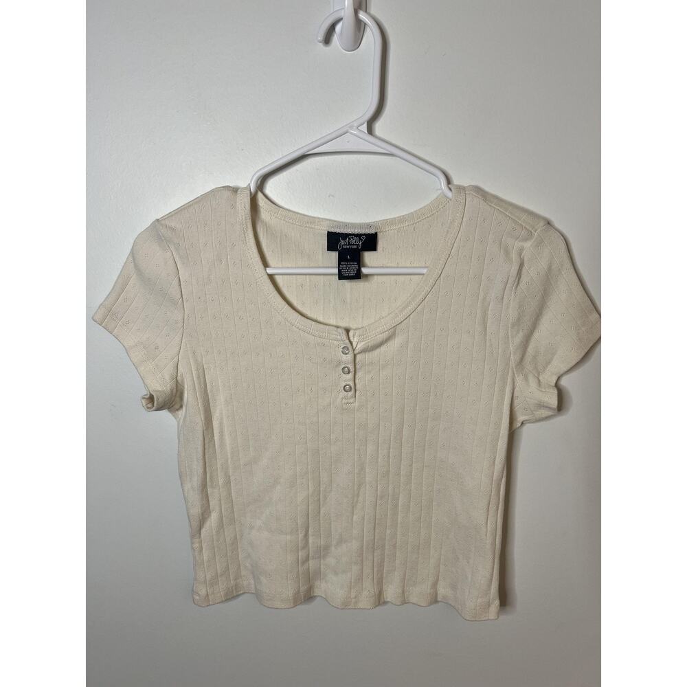 Just Polly Shirt WM LG Ivory Ribbed Henley Button Front Cropped Cotton Y2K 00s